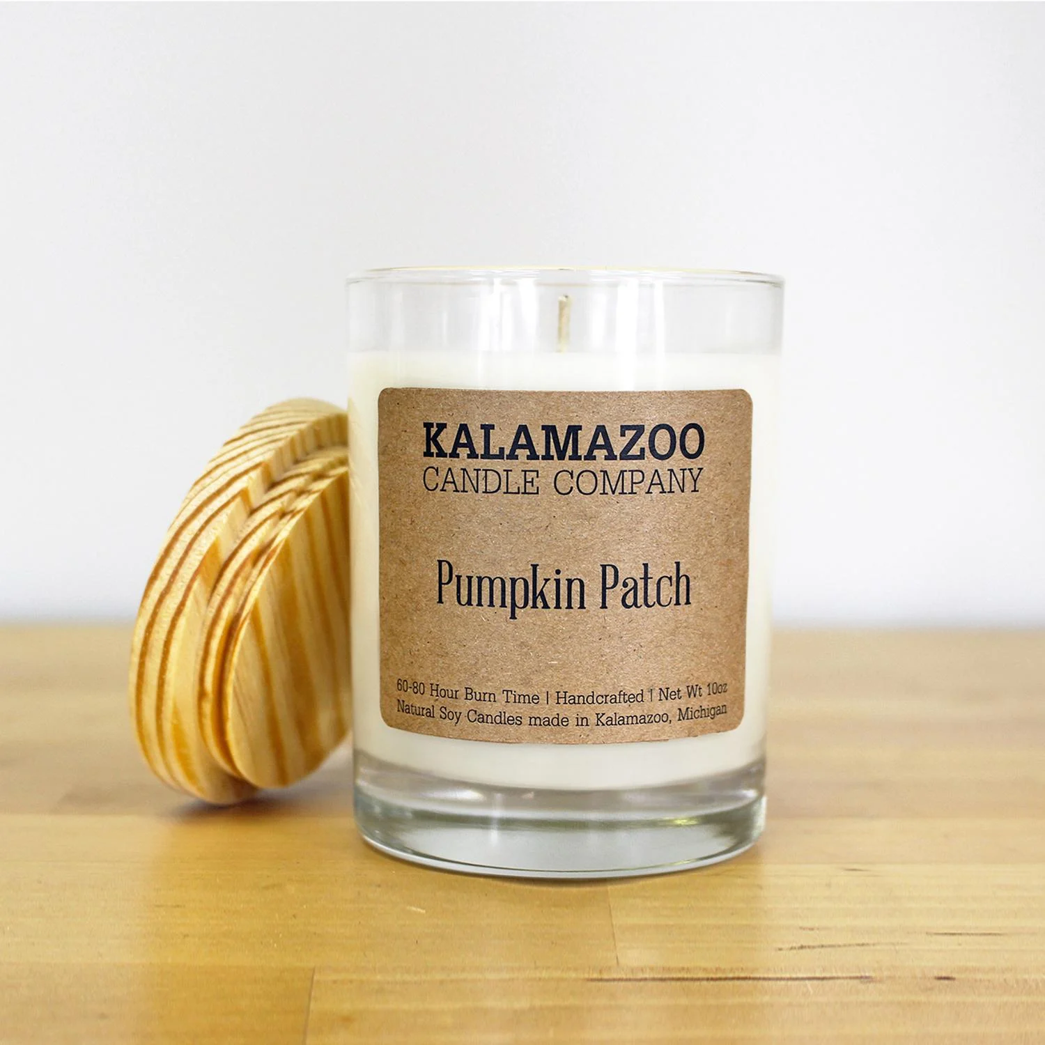 Kalamazoo Candle Company Clear Glass Jar With White Soy Wax, Wood Lid Pumpkin Patch Scent