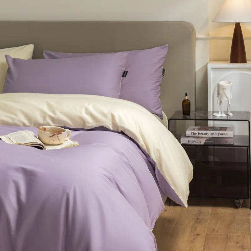 Bedding Set King Size Flat Sheetx1 Duvet Coverx1 Pillow Casex2 White+purple