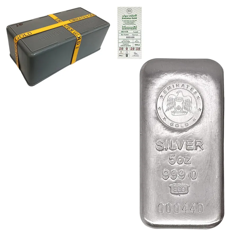 Box Of 100 5 Oz Emirates Gold Silver Cast Bar 999 Fine W/ Assay
