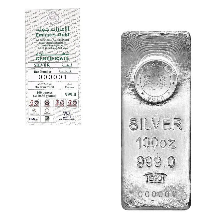 100 Oz Emirates Gold Silver Cast Bar Serial 1 .999 Fine