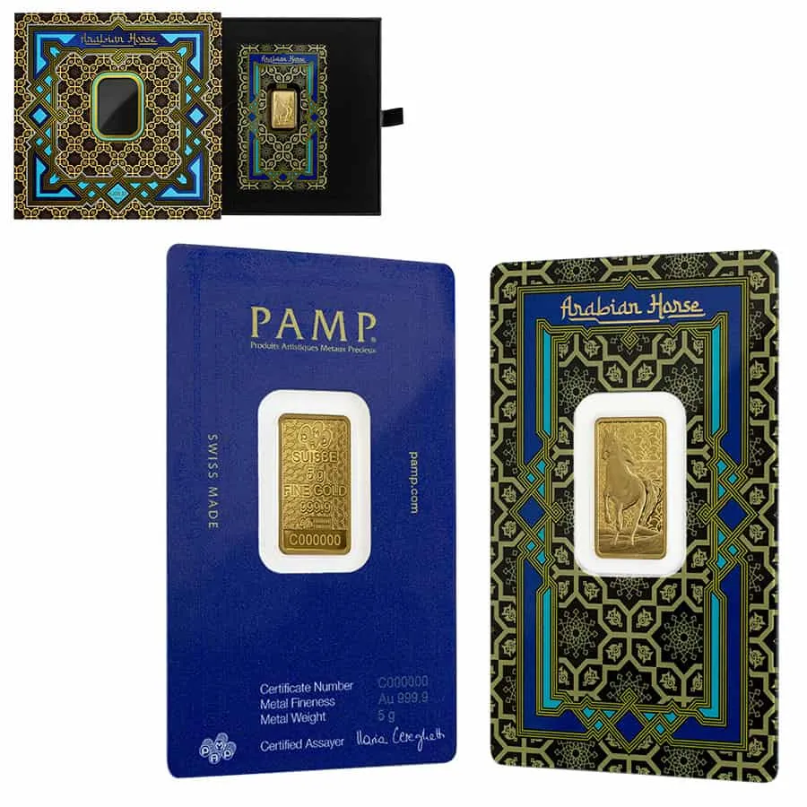 5 Gram Pamp Suisse Arabian Horse Gold Bar W/ Frame