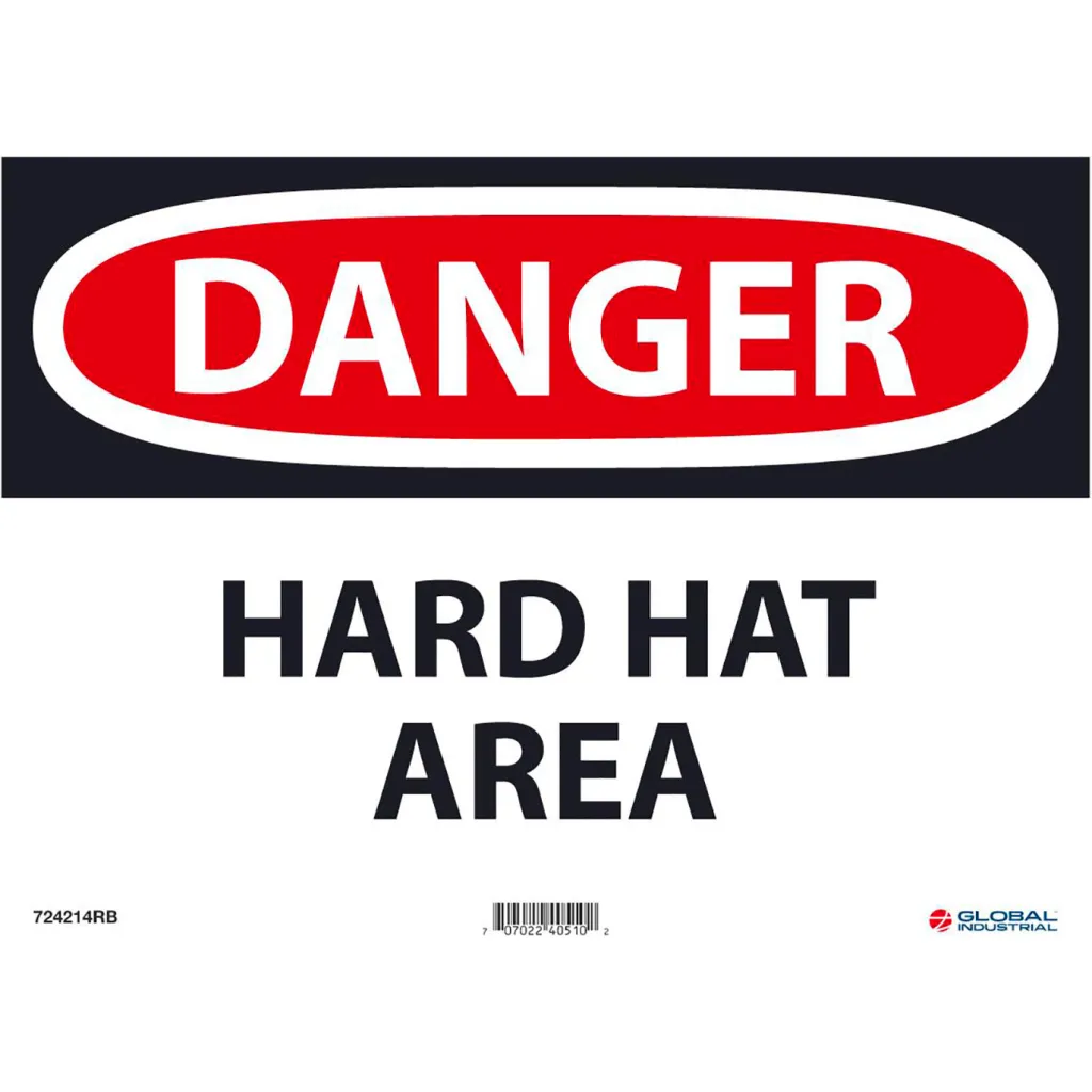 Danger Hard Hat Area Sign, 10x14, Rigid Plastic