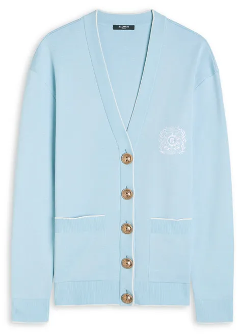 Emblem-embroidered Fine-knit Cardigan
