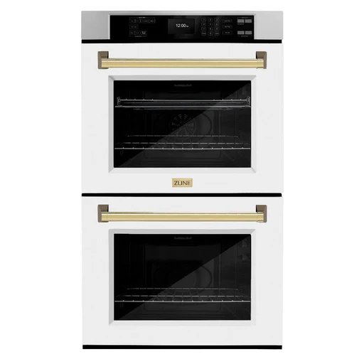 Zline Autograph Edition 30 In. Professional True Convection Double Wall Oven With Air Fry And Self Clean In Stainless Steel With White Matte Doors And Polished Gold Handles (wadz-wm-30-g)