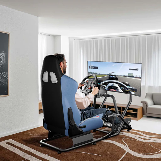 Postazione Simulatore Di Guida 71 X 136 X 108 Cm, Con Cockpit, Reggi Monitor E Sedia Gaming Con Portata Max 100 Kg, Fissaggi Per Volante, Leva Del Cambio E Pedali