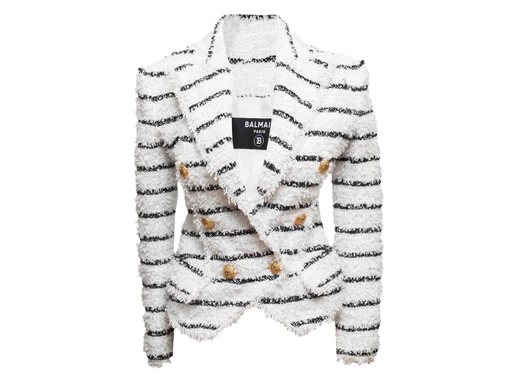 White & Black Balmain Striped Textured Double-breasted Blazer Size Fr 34