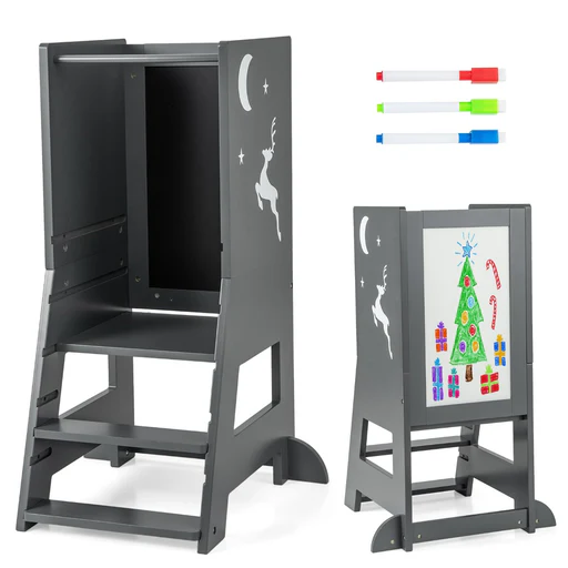 Torre Per Bambini Con 3 Penne Lavagna Bianca E Nera Piattaforma E Gradino Regolabili, Sgabello Per Bambini Porta 70kg Grigio-per I Bambini