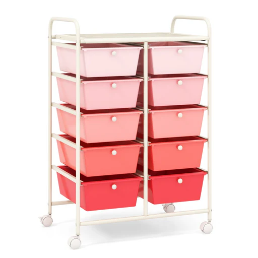 Carrello A 10 Cassetti Multiuso Con Ruote, Organizzatore Per Carta Da Scrapbooking E Utensili Da Ufficio Rosa