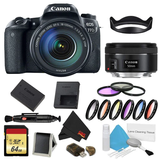 Canon Eos 77d Dslr Camera With 18-135mm Lens Bundle W/ 9 Piece Filter & Memory Kit + Bonus 50mm Lens (international Model)