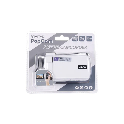 Vivitar Popcam Digital Camcorder, 48mp, Full Hd 1080p Video, 3-inch Flip Screen, 16x Digital Zoom, Built-in Microphone, White