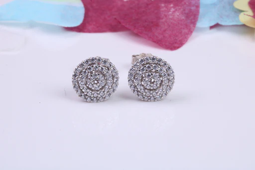9 Mm Round Cluster Cubic Zirconia Set Earrings, Very Dressy, Made From Solid 925 Grade Sterling Silver