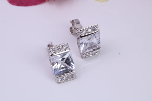 Dressy Chunky Stud Earrings, Cubic Zirconia Set, Made From Solid Sterling Silver