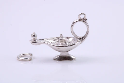 Magic Genie Lamp Charm, Traditional Charm, Made From Solid 925 Grade Sterling Silver, Complete With Attachment Link