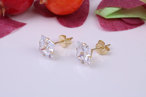 6 Mm Square Cubic Zirconia Set Stud Earrings, Made From Solid 9ct Yellow Gold
