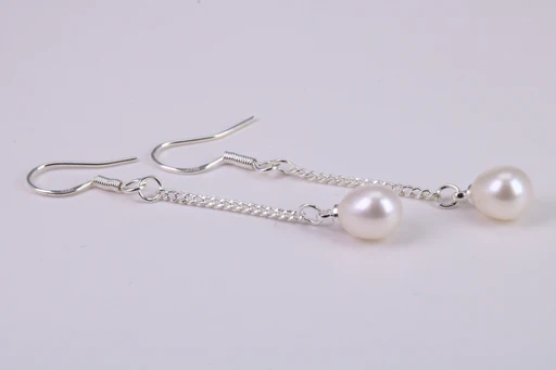 35 Mm Long Natural Pearl Dropper Earrings Set In Solid Silver