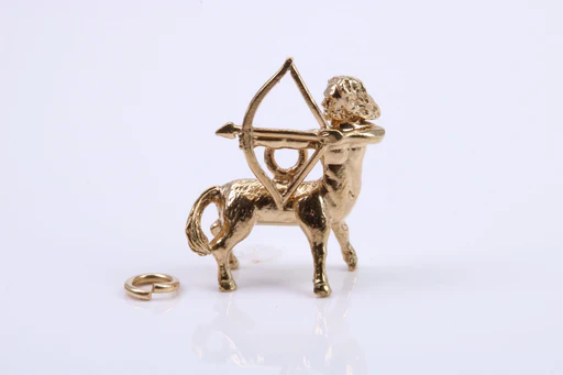Sagittarius Zodiac Sign Charm, Traditional Charm, Made From Solid 9ct Yellow Gold, British Hallmarked, Complete With Attachment Link