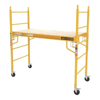 Metaltech 12 Ft Reach Scaffolding Platform, 1000 Lbs Capacity Adjustable Baker Style Scaffold Ladder W/ Locking Wheels, 29.75 X 74.75 X 75 In, Yellow