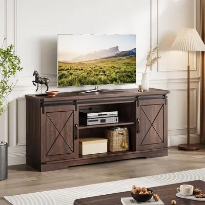 Farmhouse Tv Stand For Tv Up To 65 Inches, Rustic Entertainment Center With Sliding Barn Doors, Wood Storage Cabinets And Adjustable Shelf