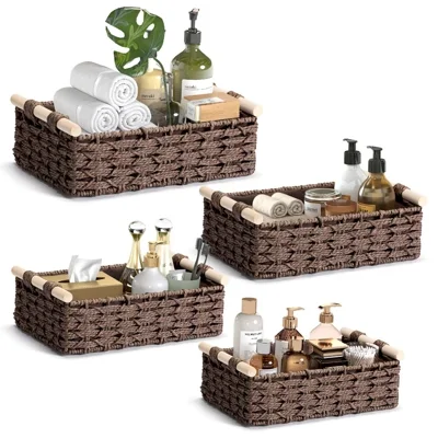 Sugift Handmade Wicker Storage Basket Set Of 4 – Decorative Organizer Bins With Handles For Toilet Tank Top, Countertop, Bathroom