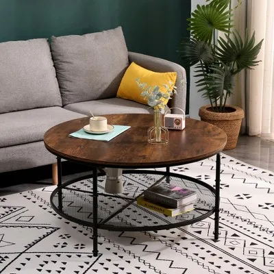 Sugift 2-tier Round Coffee Table With Wooden Tabletop And Storage Shelf For Living Room