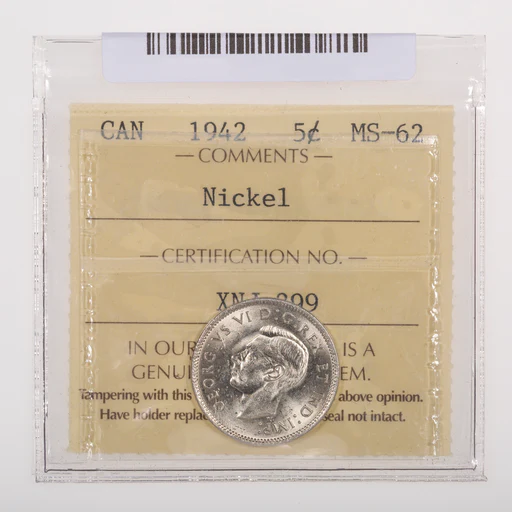 5 Cent 1942 Nickel Iccs Ms-62
