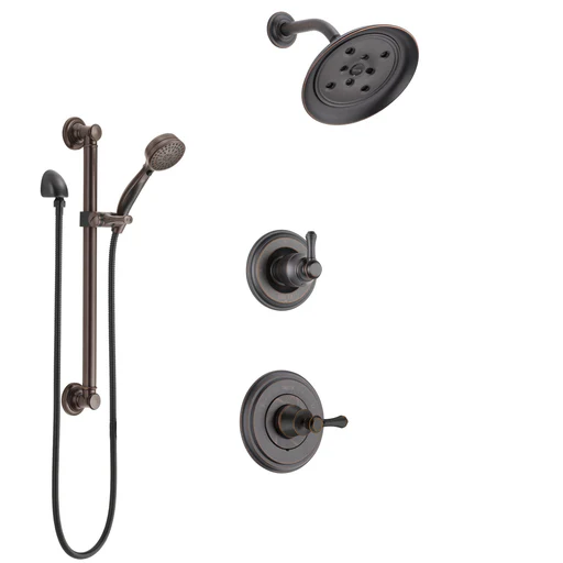 Delta Cassidy Venetian Bronze Finish Shower System With Control Handle, 3-setting Diverter, Showerhead, And Hand Shower With Grab Bar Ss14973rb1