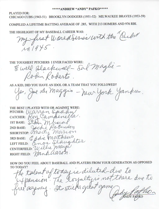 Andy Pafko Autographed Hand Filled Out Survey Page (jsa)