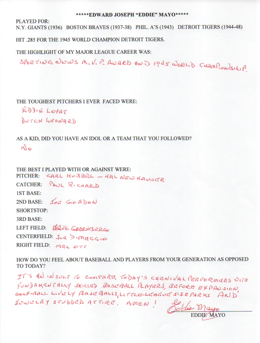 Eddie Mayo Autographed Hand Filled Out Survey Page (jsa)