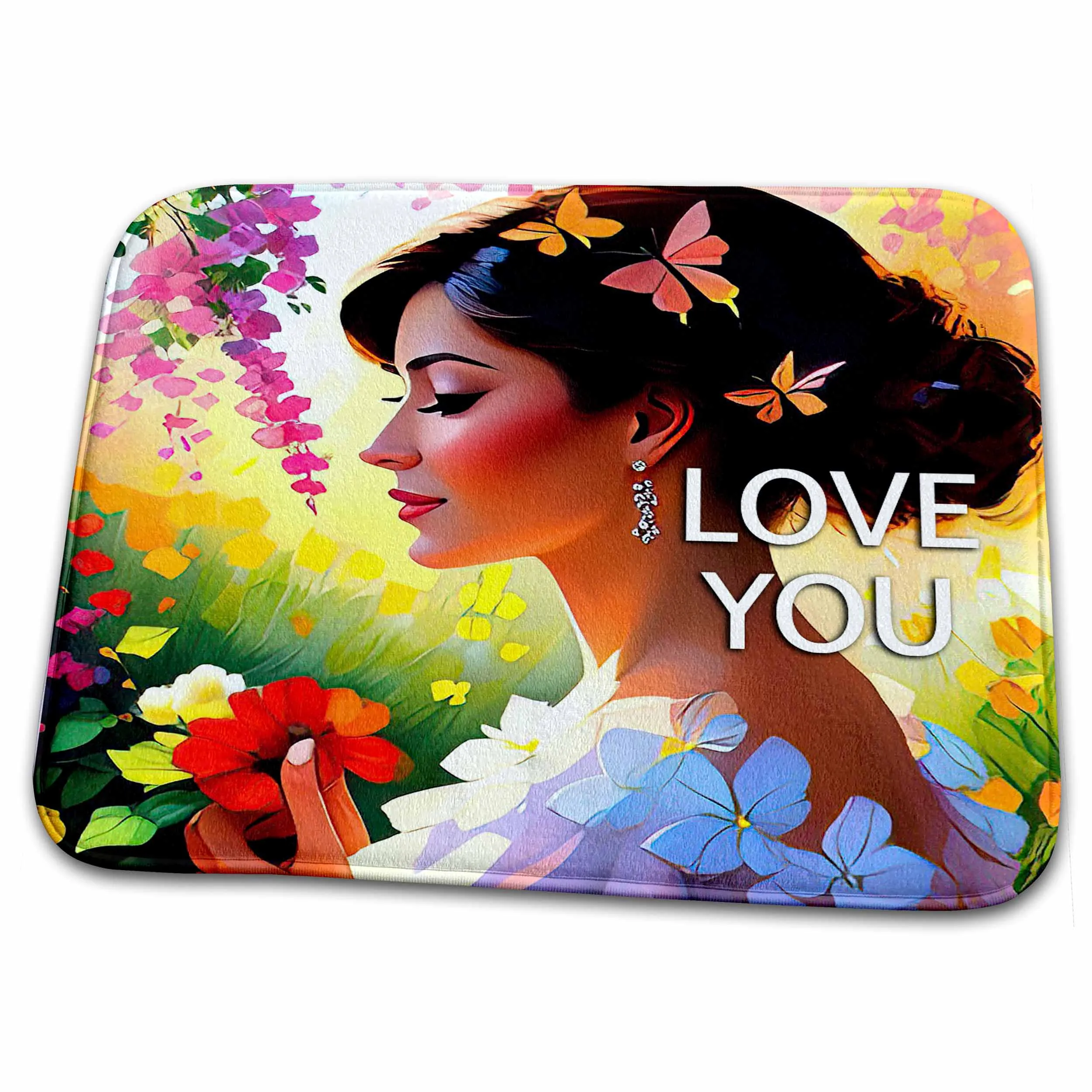 Dish Drying Mat - Love You. Amazing Beauty In The Garden. Flowers And Butterflies. Card Alexis Design - Woman In The Garden