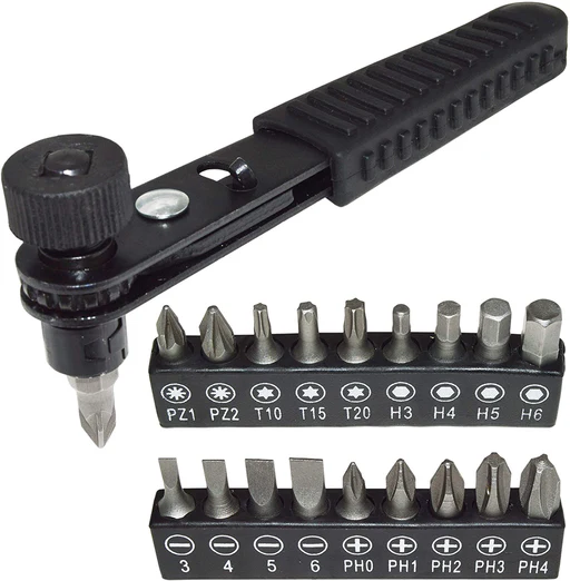 Right Angle Close Quarters Ratcheting Reversible Screwdriver Set With 18 Bits