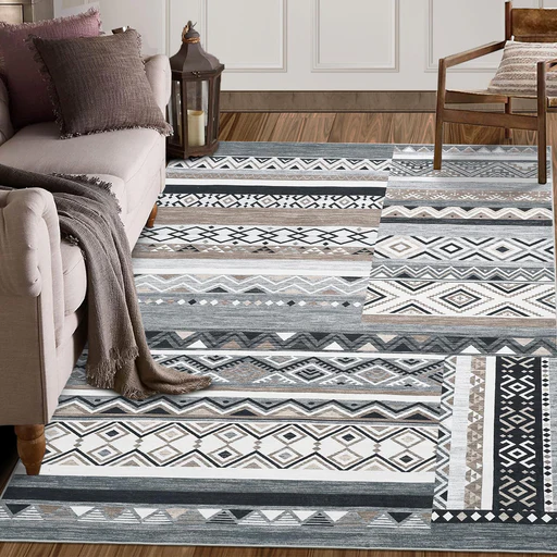 Garvee Washable Rugs Distressed Vintage Tribal Geometric Area Rug For Living Room Bedroom Office Nursery Low Pile Neutral Soft Patchwork Rug Non Slip Farmhouse Floor Cover Grey 8'x10'
