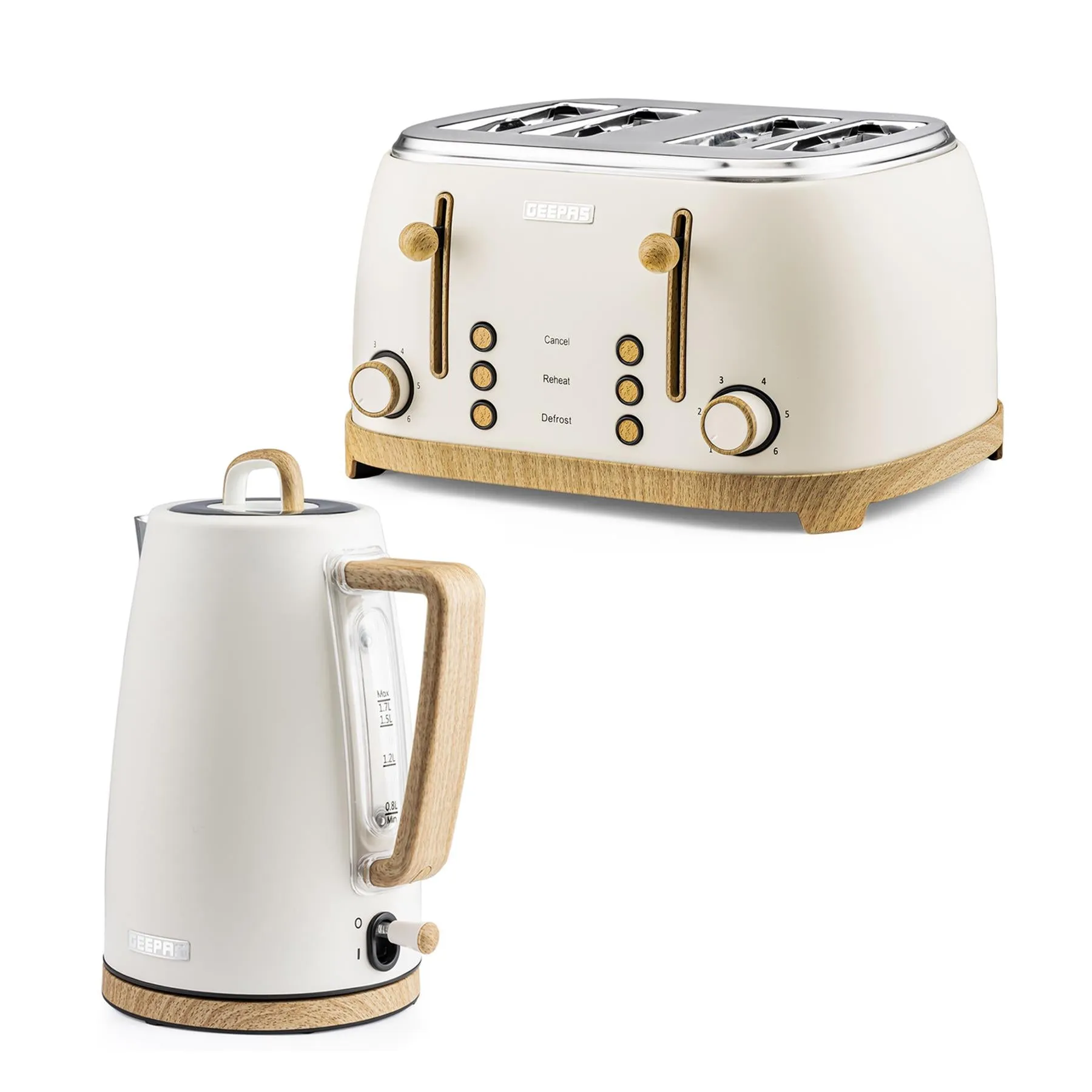 Nordiq Cream And Wooden 4-slice Toaster & 1.7l Electric Kettle