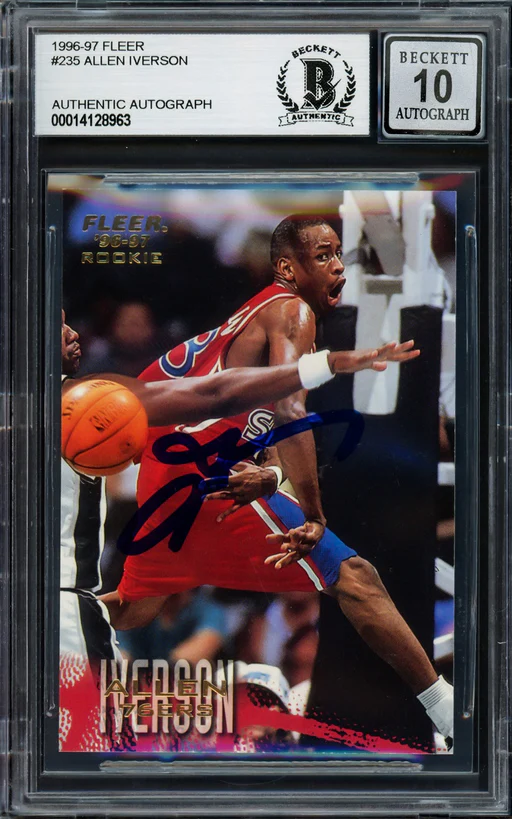 Allen Iverson Signed 1996-97 Fleer Rc 235 76ers Auto Gm 10 Beckett #14128963