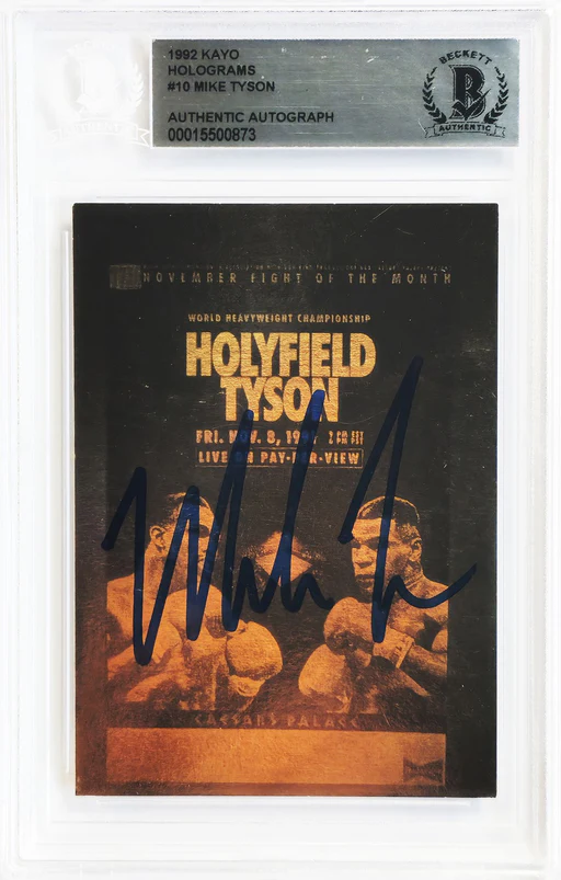Mike Tyson Signed 1992 Kayo Gold Hologram Card Vs Evander Holyfield Beckett