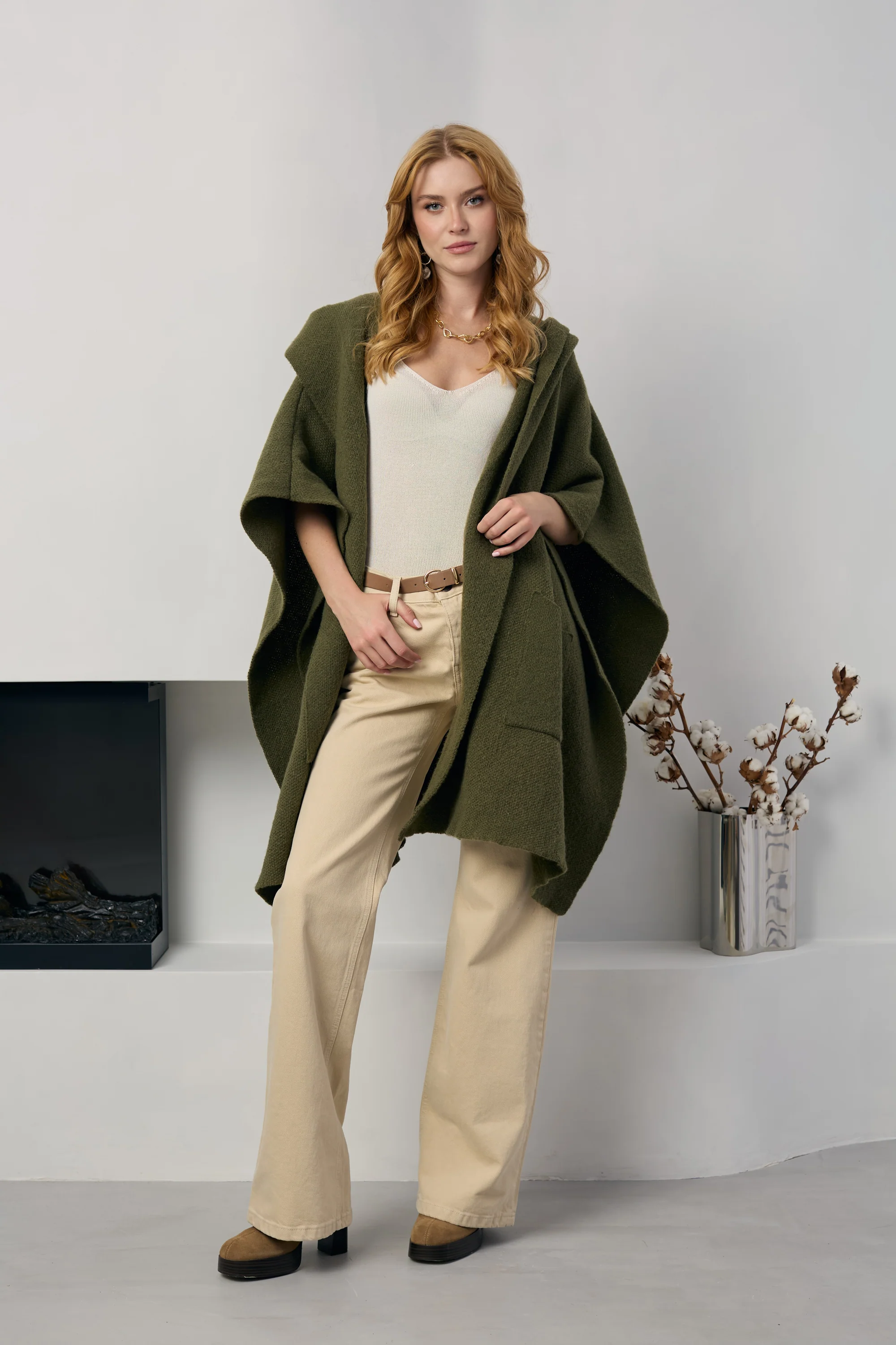 Hooded Oversized Kimono - Dark Olive Green