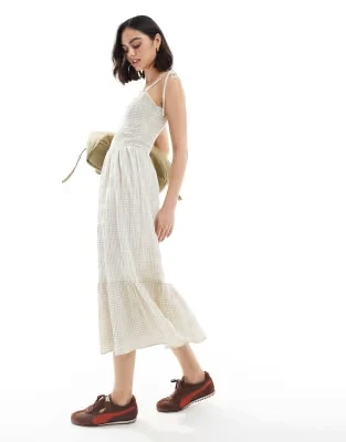 Daisy Street Gingham Maxi Dress With Shirred Bodice In Beige