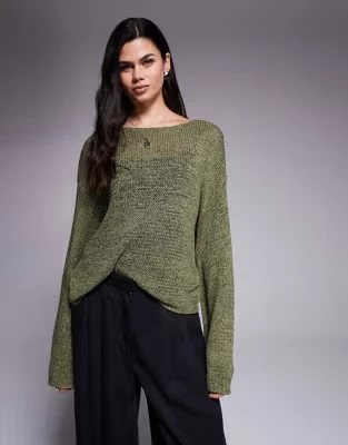 Edikted Drop Shoulder Light Knit Sweater In Khaki