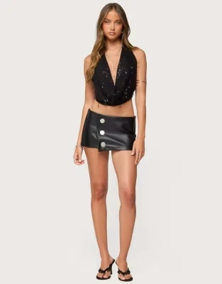 Edikted Kaine Button Faux Leather Mini Skort In Black