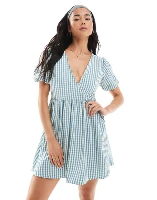 Daisy Street Puff Sleeve Tie Waist Mini Dress In Blue Check