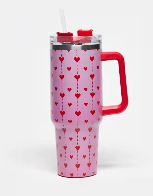 Daisy Street Re‑usable Drinking Cup In Pink Heart Print