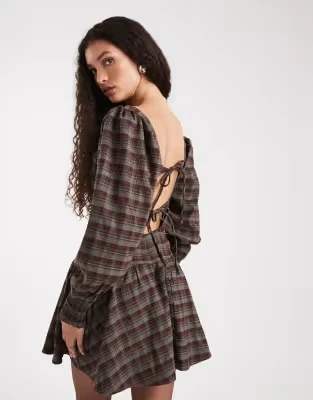 Daisy Street Volume Sleeve Drop Waist Mini Dress In Burgundy Navy Check