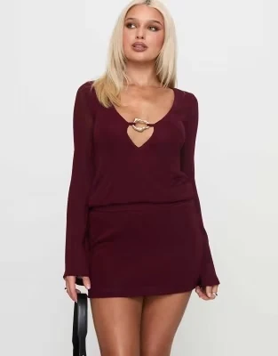 Princess Polly Charming Ribbed Knit Metal Hardware Plunge Mini Dress In Burgundy