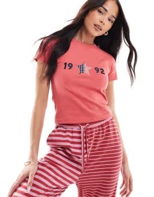 Daisy Street Crop Baby Tee With 1992 Graphic In Red Co‑ord