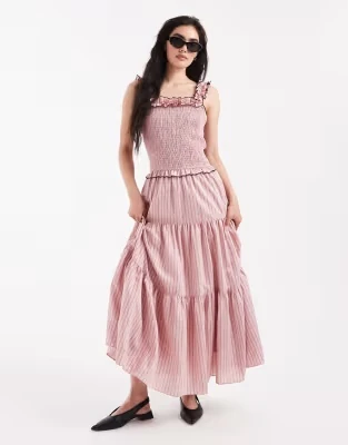 Daisy Street Shirrred Bodice And Ruffle Strap Maxi Dress In Pink Stripe