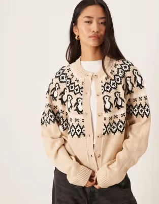 Asos Design Penguin Detail Yoke Cardigan In Beige