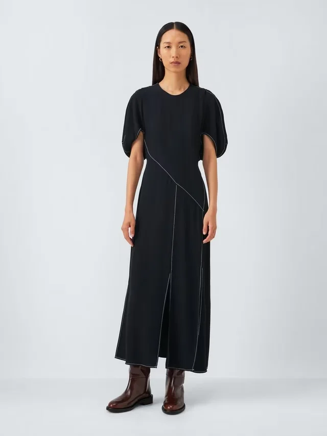 John Lewis X Rejina Pyo Crepe Contrast Stitch Detail Volume Sleeve Midi Dress, Black