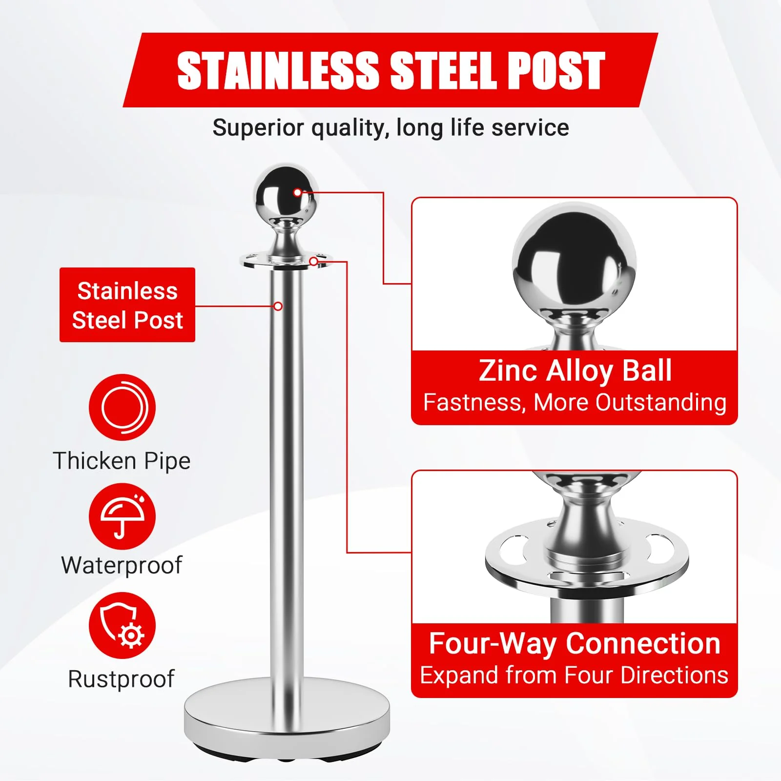 Garvee Stainless Steel Stanchion Post Queue With Red Velvet Rope For Crowd Control, 5 Ft, Red