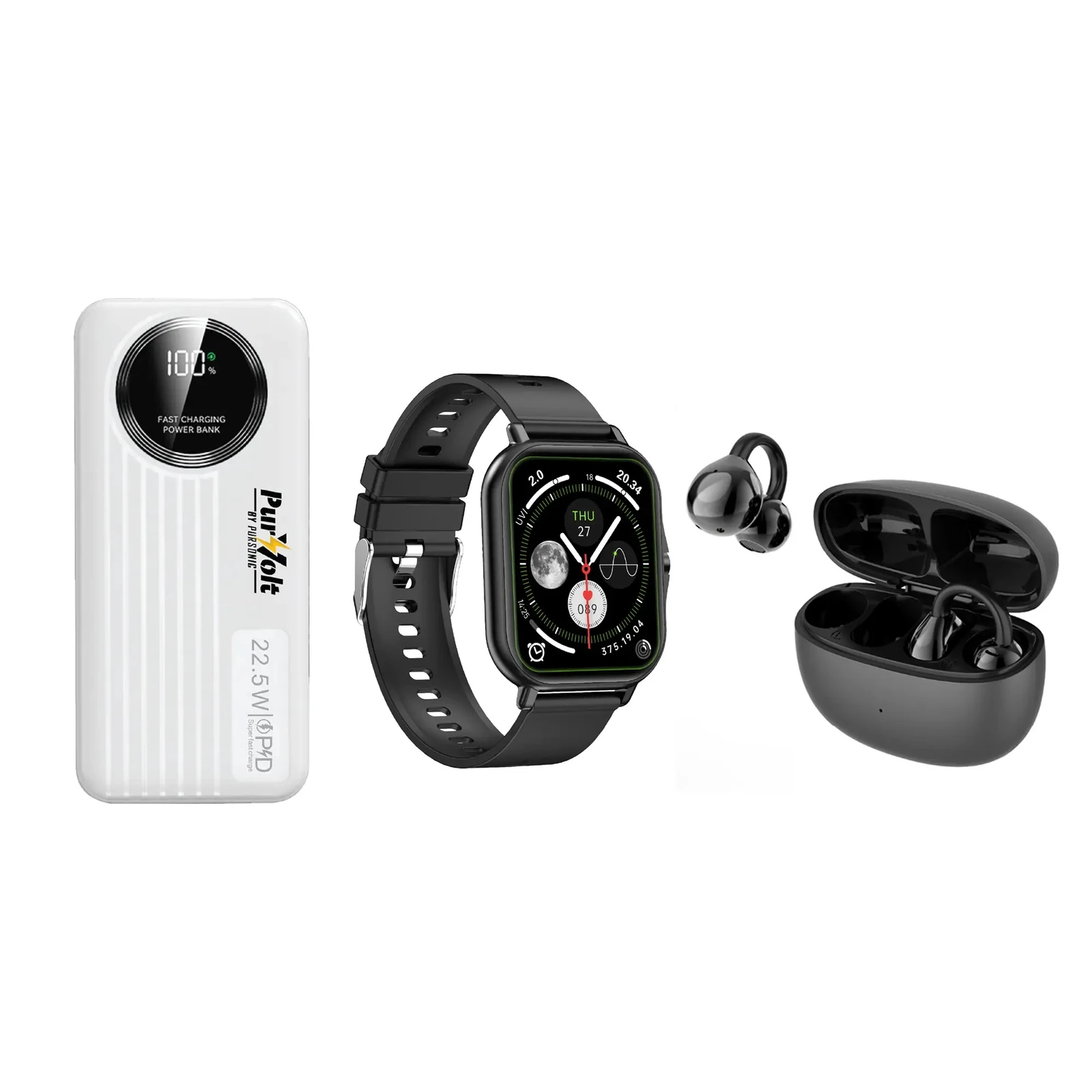 Ultimate Mobile Essentials Bundle – Smart Watch, 10,000 Mah Power Bank, True Wireless Earbuds