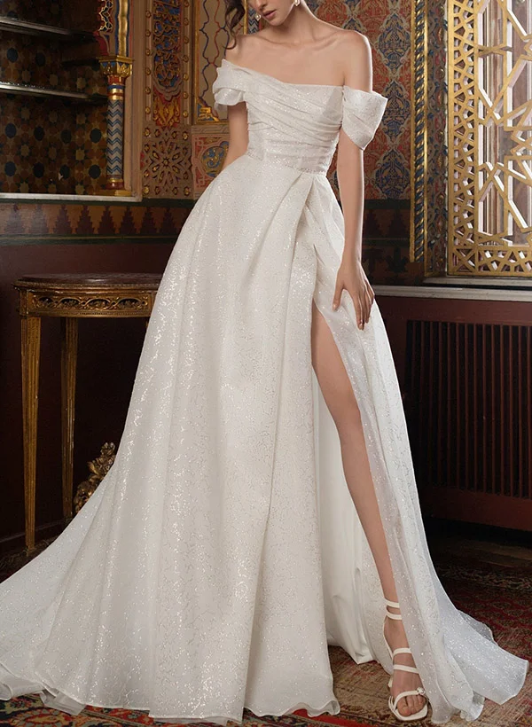 A-line Off-the-shoulder Sleeveless Sequined Wedding Dresses With High Split