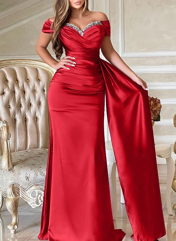 Sheath/column Off-the-shoulder Sweep Train Acetate Satin Evening Dress With Rhinestone – Missacc